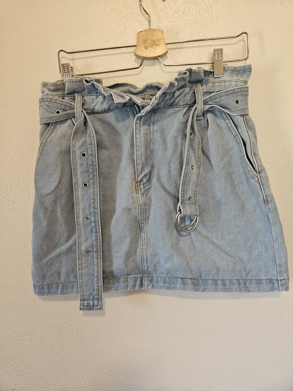 Forever 21 Light Blue Paperbag Waist Denim Mini Skirt with Belt